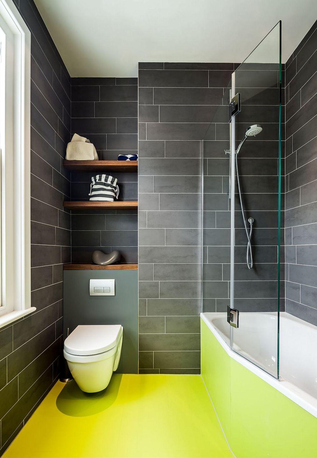 Eski Ev Yenileme Fikirleri | Bright and beautiful bathroom in gray and black with yellow flooring 1